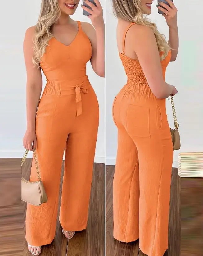 Women's Two Piece Casual Daily Solid V-Neck Spaghetti Strap Shirred Cami Top and Pocket Tied Detail High Waist Pants Set