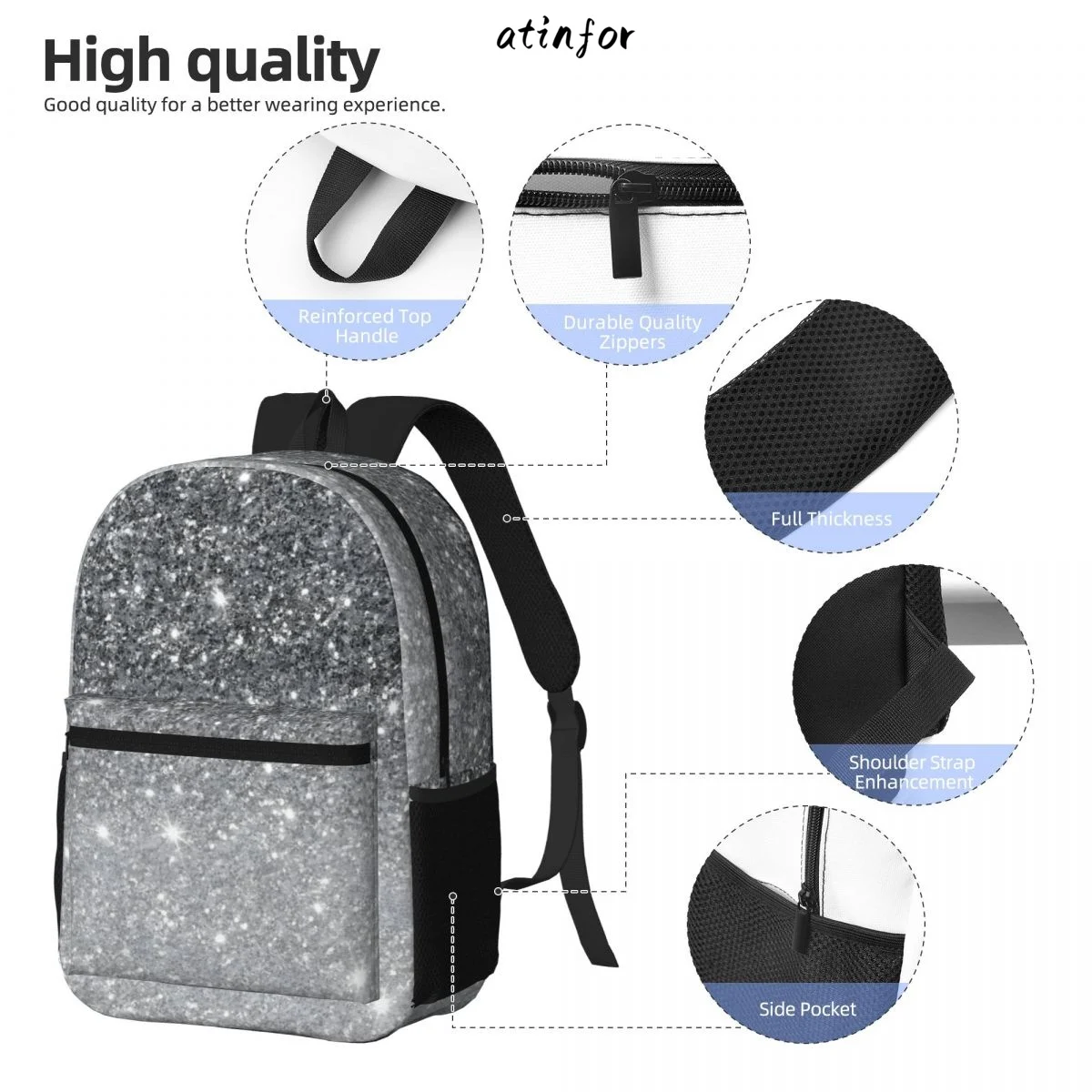 atinfor Modern Grey Glitter Sparkles Printing Women Backpack Student Bookbag School Bag for Teenage Girl Book Bag 5