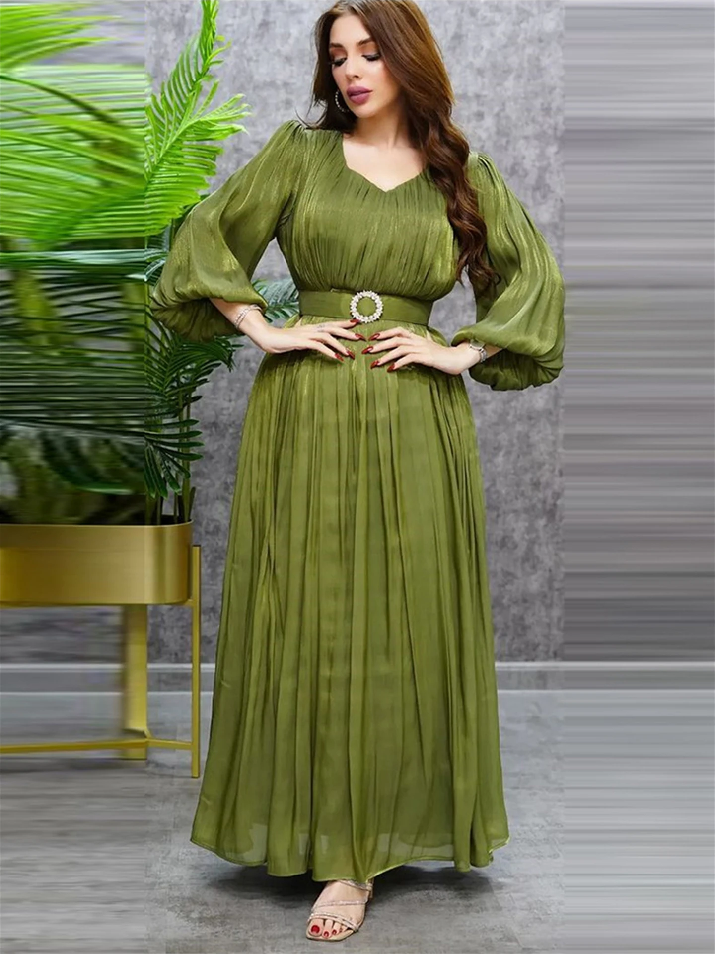 

Satin Abaya Dress Muslim Women Solid Color Long Puff Sleeve Long Robe Maxi Prom Summer Dubai Turk Modest Wear