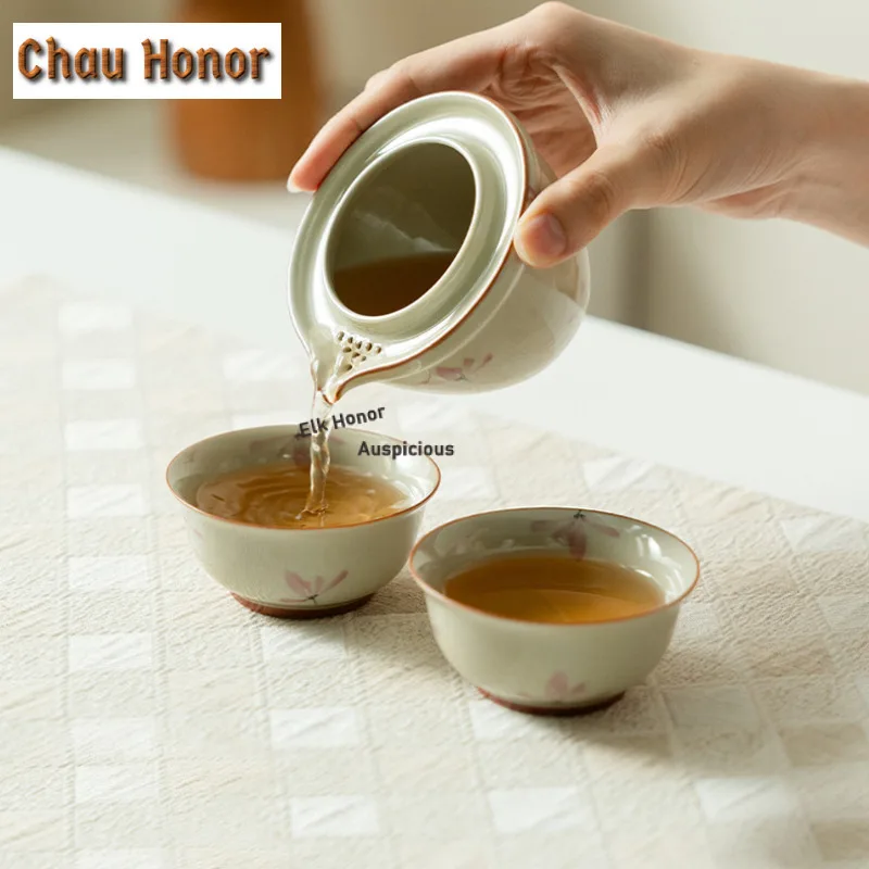 Pure Hand-painted Powder Orchid Travel Tea Set Kit Boutique 1 Pot 2 Cups Tea Maker Organizer Portable Picnic Handbag Supplies