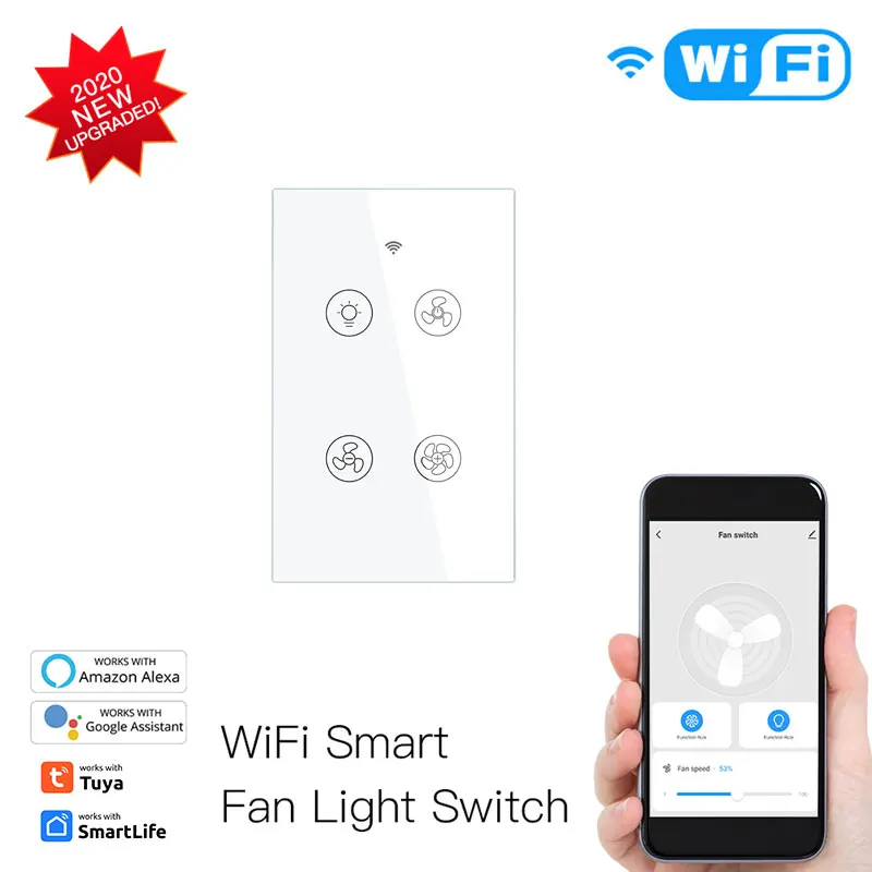 Tuya WiFi+RF433 Smart Ceiling Fan Light Switch 2/3 Way Control Smart Life APP Speed Regulation Works With Alexa Home