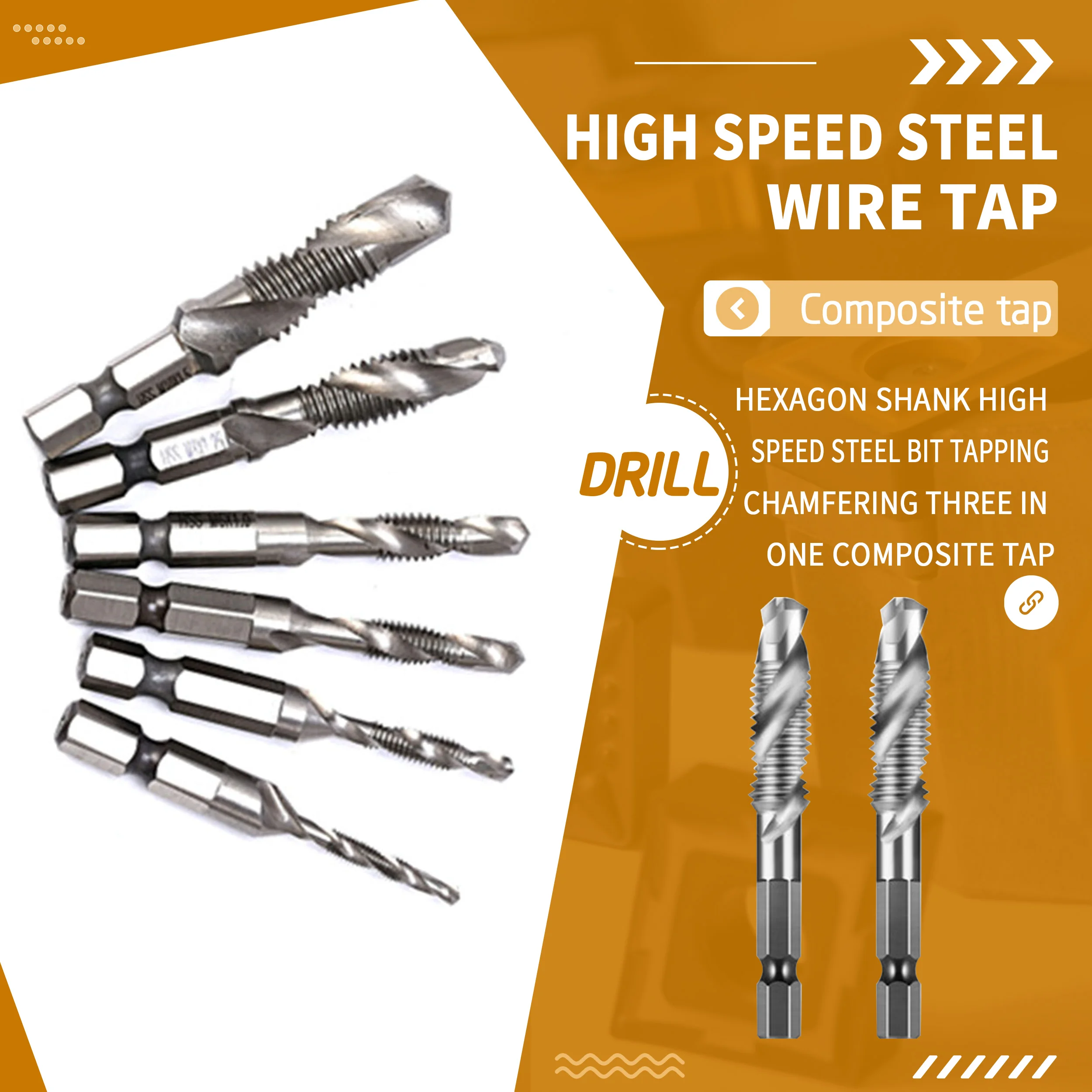 

M3 M4 M5 M6 M8 M10 Hexagonal Shank HSS Drill Tapping Chamfer Three-in-one Composite Tap Set Spiral Metric Tap Bit Attack chamfer