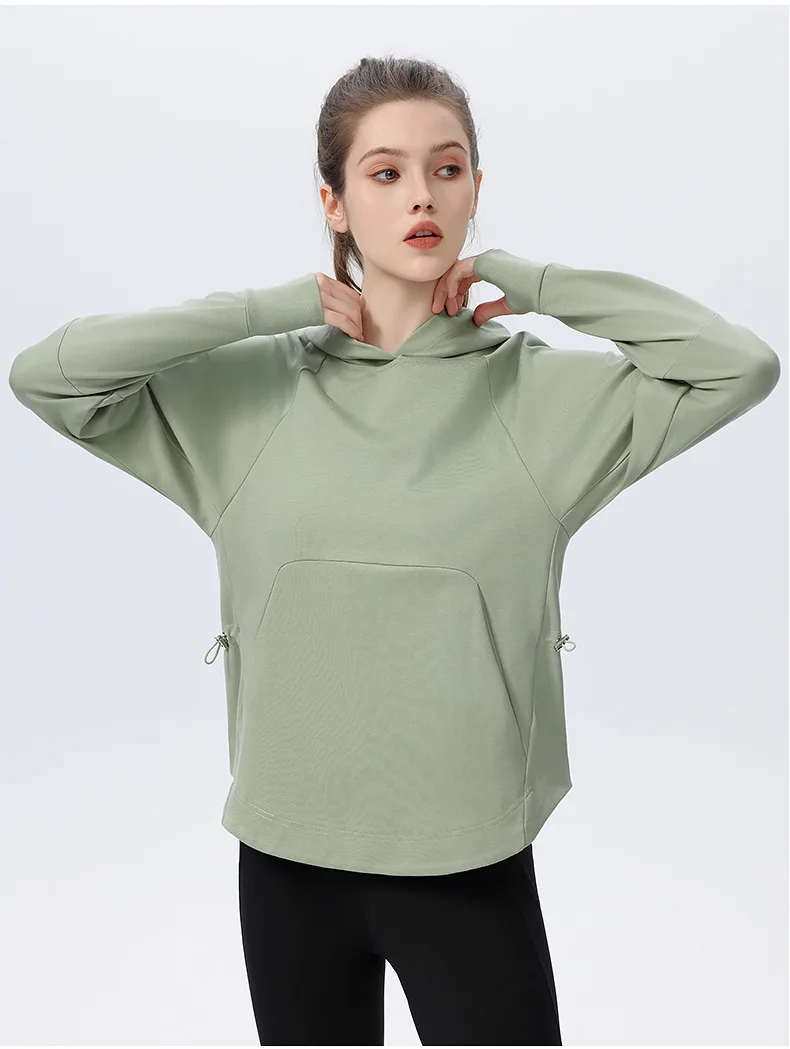 Frauen Langarm Sweatshirt Einfarbig Lose Atmungsaktive Hoodie Laufen Outdoor Top Weibliche Workout Kleidung Sportswear – Detail 5