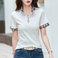 T-shirt à carreaux à manches courtes pour femmes, station européenne, col polo, haut en pur coton, mode de luxe abordable, été, nouveau 4