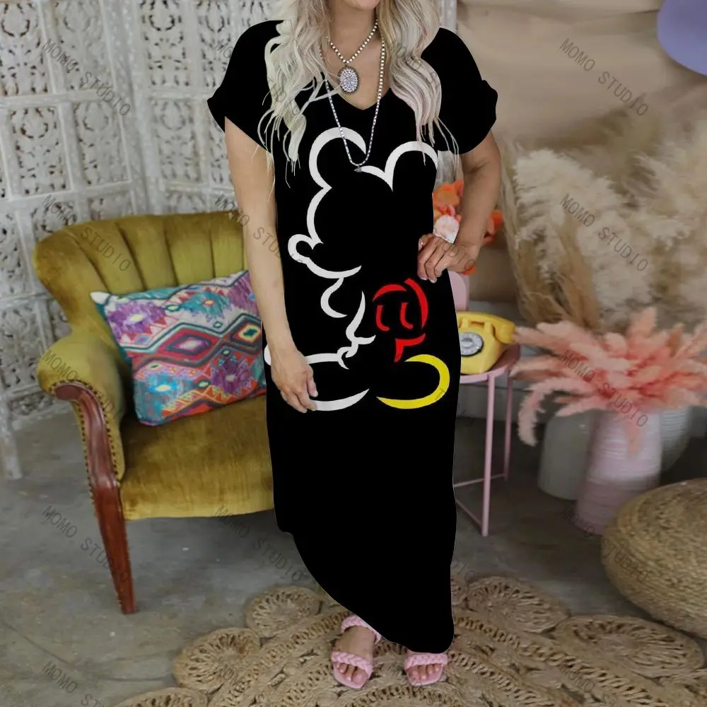 

Women's Long Dress Cartoon Sexy Minnie Mouse Dresses 2022 V-Neck Leisure Maxi Mickey Woman Clothes Disney Casual Summer Robe Y2k