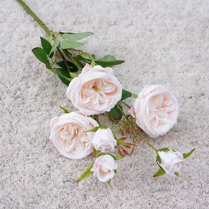 6Heads Austin Rose Branch Silk Flowers Artificial Valentine's Day Wedding Flowers Home Decor Flores Artificiales