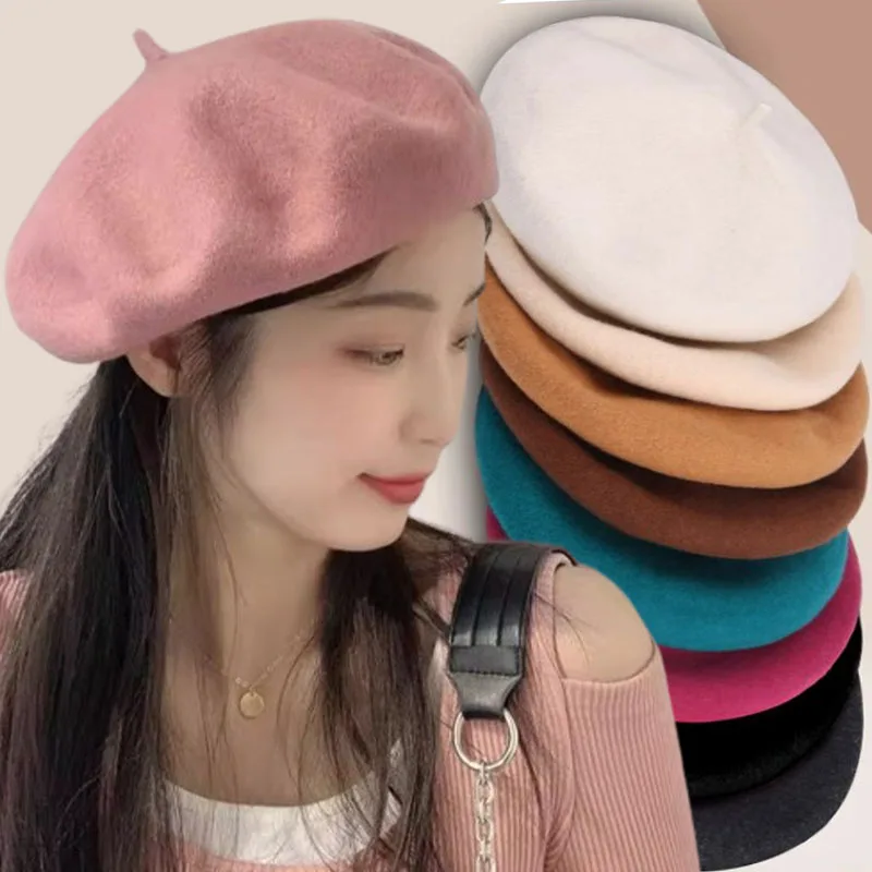 

2024 Wool Beret Hats Women Winter French Hat Girls Solid Color Fashion Autumn Winter Beret Hat For Women Warm Felt Street Berets