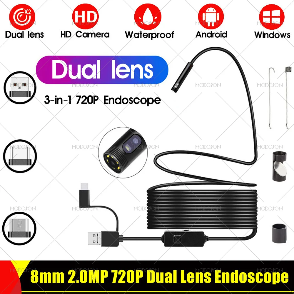 door security camera 8mm 2.0MP 720P Dual Lens HD Endoscope Camera Waterproof Mirco USB Type-C Video Inspection Borescope Snake Cable Tube Endoscopy best home camera system