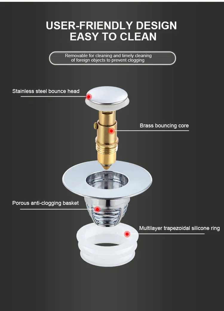 Description Picture 4 of itemPress Bounce Basin Pop-up Drain Filter Bathroom Shower Sink Filter Plug Hair Extension Bath Plug Kitchen Hardware Accessories