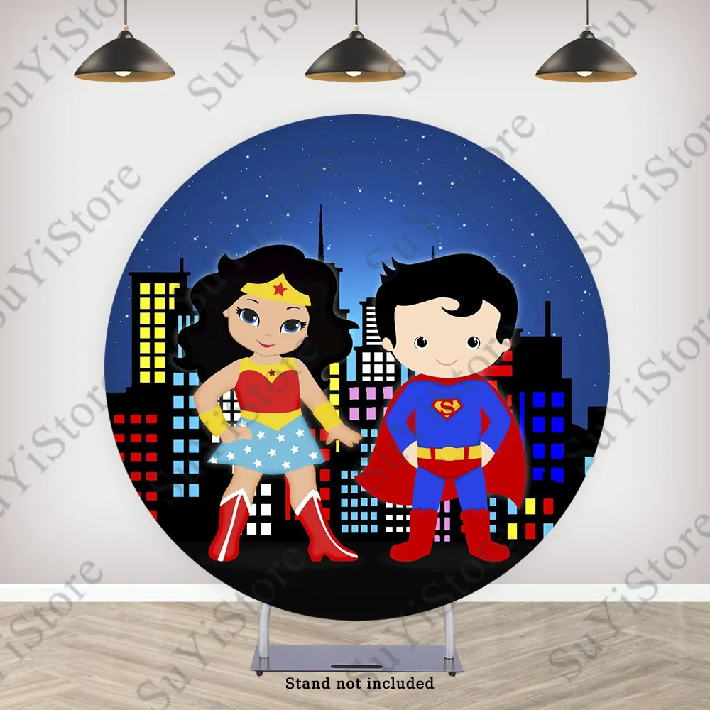SuperMan Wonder Woman Round Backdrop Cover For Kids Birthday Baby Shower DC  Superhero Circle Photo Background PhotoCall Props - AliExpress, image size:1000x1000