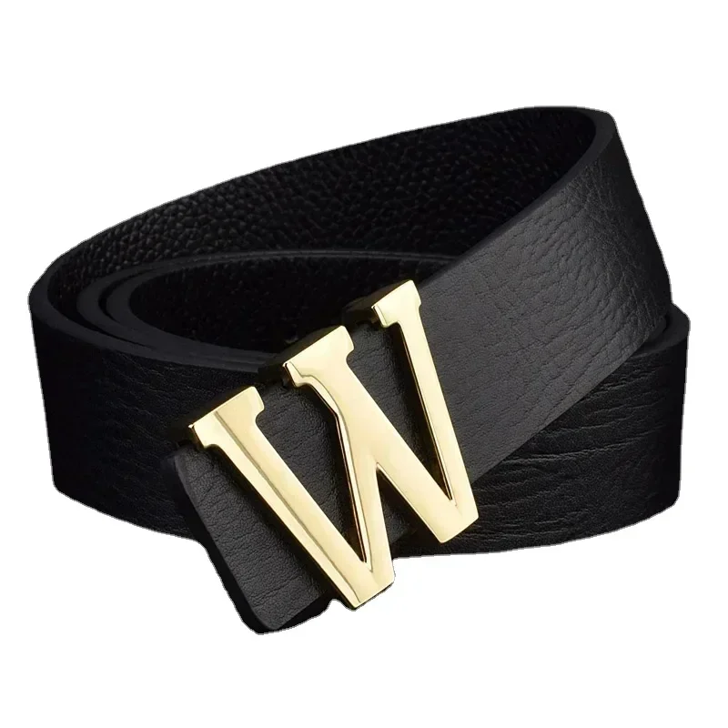 

Men's Belts Luxury Genuine Leather Brand Smooth Buckle W Letter Gold Black Famous Designer Cowskin Strap Wide Belt Luxe Marque