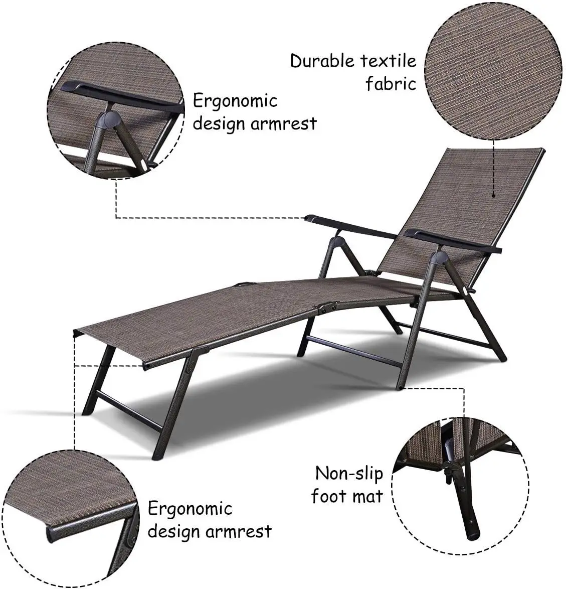 Set of 2 Patio Adjustable Chaise, 5 Back & 2 Leg Positions Adjustable Textiline Outdoor Reclining Lounger Chairs 4