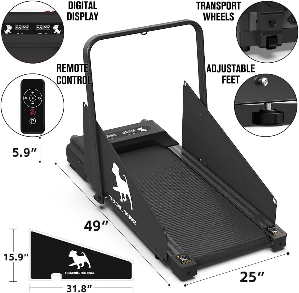 Medium Small Dog Treadmill 265lbs Weight Capacity Pet Fitness Machine 360&deg; Rotatable Display 2 1 Treadmill Wheels Remote Control