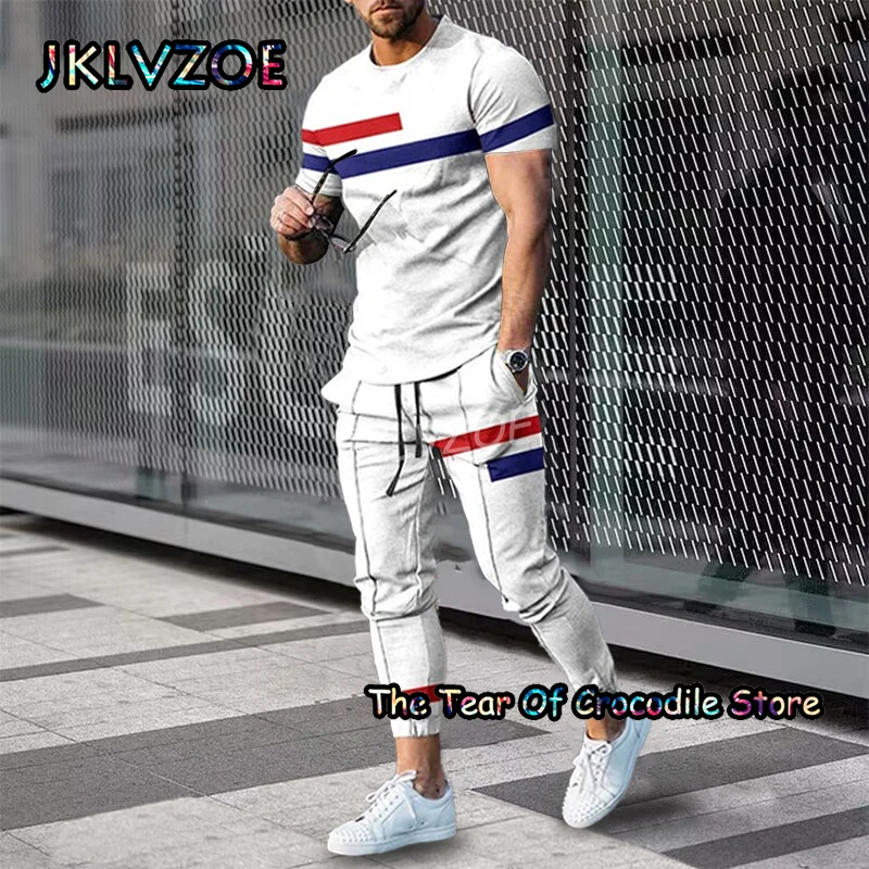 Colorful stripes Men's T Shirt Trousers Tracksuit 2 Piece Sets Summer Short Sleeve+Pants Funny Smiley 3D Printing Street Clothes