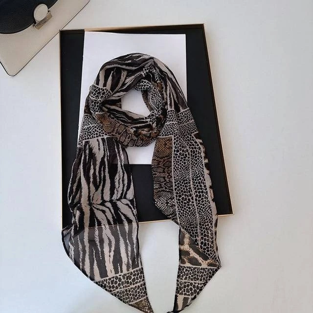 Leopard Small Long Silk Scarf Women Chiffon Strap Winter Warm Windproof Y2k Irregular Scarf Waste World Punk for Nightclub Party