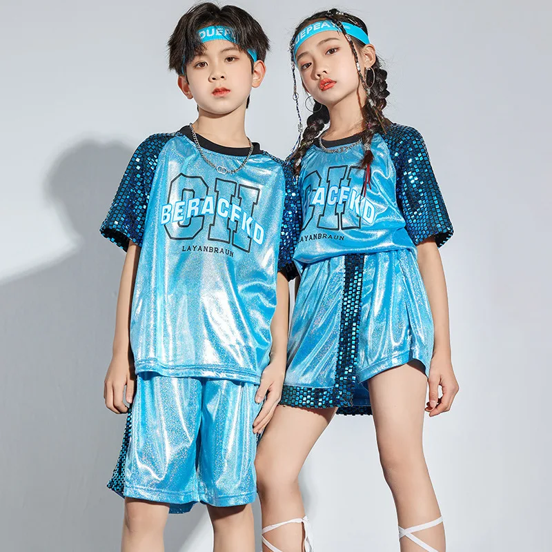 

Kids Kpop Outfits Hip Hop Clothing Blue Sequined T-Shirt Casual Shorts Skirt Summer Girls Boys Jazz Dance Costume 4-16Y