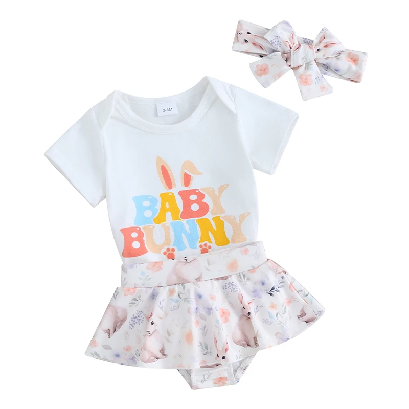 

Baby Girls 3Pcs Easter Outfit Short Sleeve Letter Romper + Skirt Shorts + Headband Set Infant Clothes