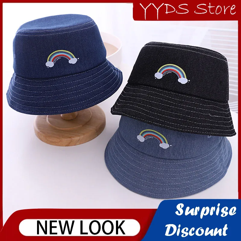 Children's Denim Bucket Hat Embroidered Rainbow Sun Hat Hip Hop Panama Bucket Hat Bob Chapeau Femme Thin Sunbowl Hat