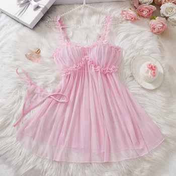 Transparent Babydoll Sexy Pink Porn Night Dress Lingerie Hot Women Sleepwear New Lace Pajama Set + Thong Sex Seductive Nightgown