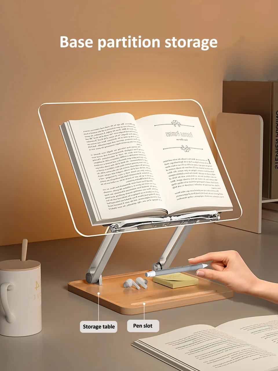 Soporte de lectura de madera con luz, acrílico transparente, multifunción,  elevación, soporte para tableta, portátil, almacenamiento de escritorio,  estantería