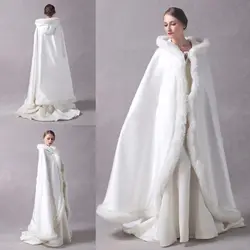 Long Wedding Party Cloak Women Coat Faux Fur Bride Winter Reversible Cape Hooded