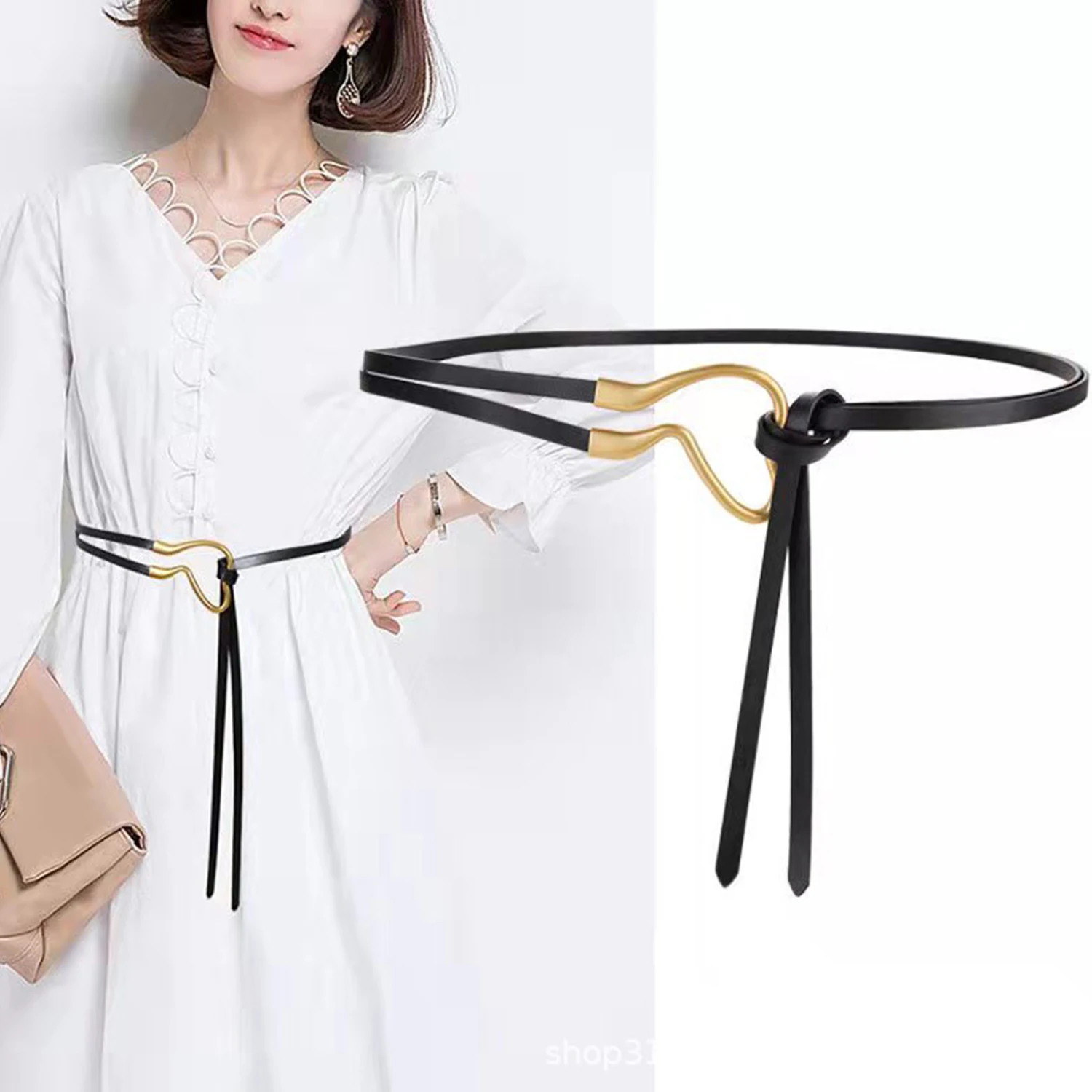 

New U-shaped Horseshoe Buckle Belt Fashion Ladies Women Coat Long Metal PU Leather Gold Color Thin Knot Belts For Women