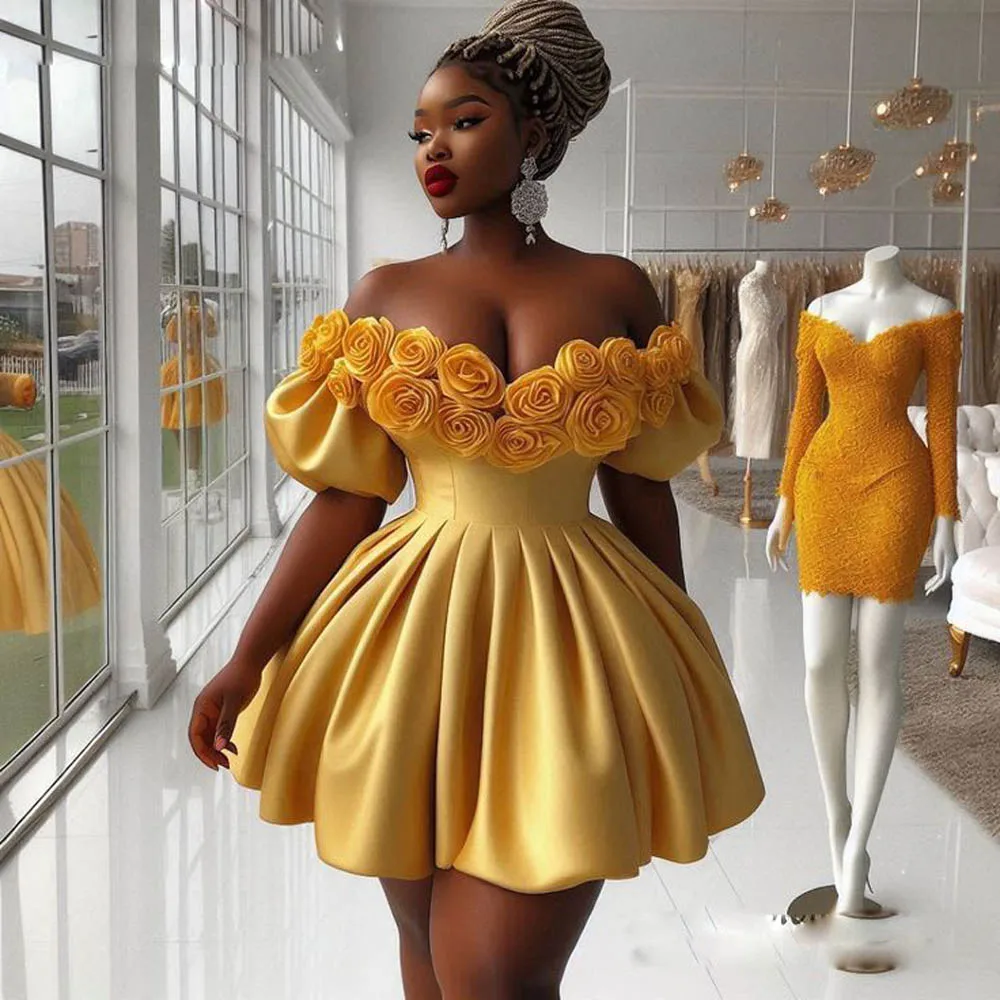 Yellow Cocktail Dresses Handmade Flowers Satin Plus Size Prom Dreess Aso Ebi Wedding Party Gowns Short Sleeves