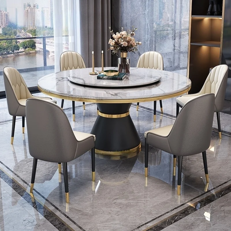 

Luxury Golden Metal Round Marble Dining Table and Chair Modern Northern Europe Dinner Room Furniture