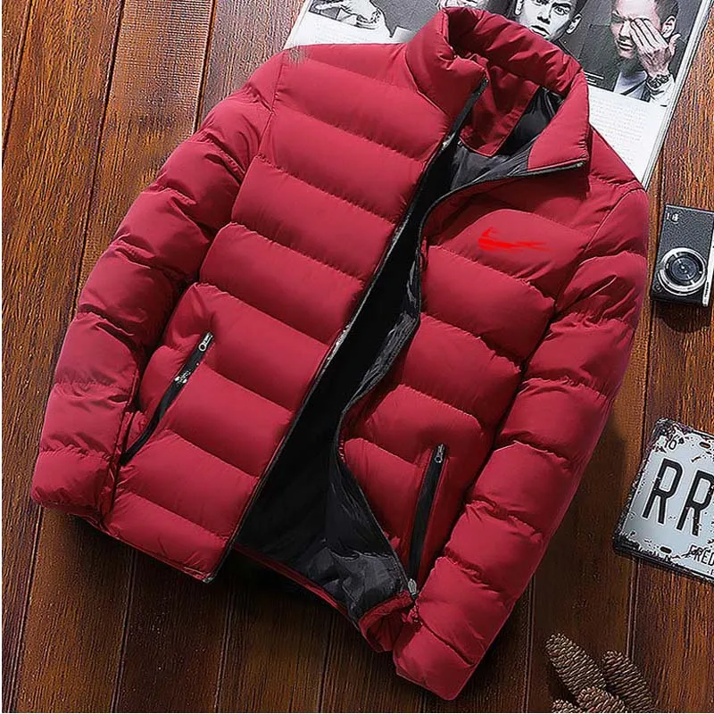 2022 New down cotton suit slim slim men's bubble cotton suit, casual solid color standing collar men's winter warm cotton suit mens fur parka