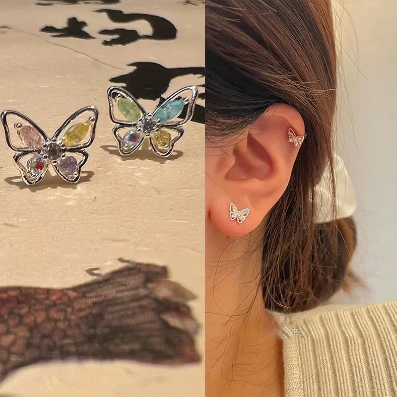 

New bright butterfly earrings stud sweet pink blue small butterfly magic wind niche temperament earrings for women
