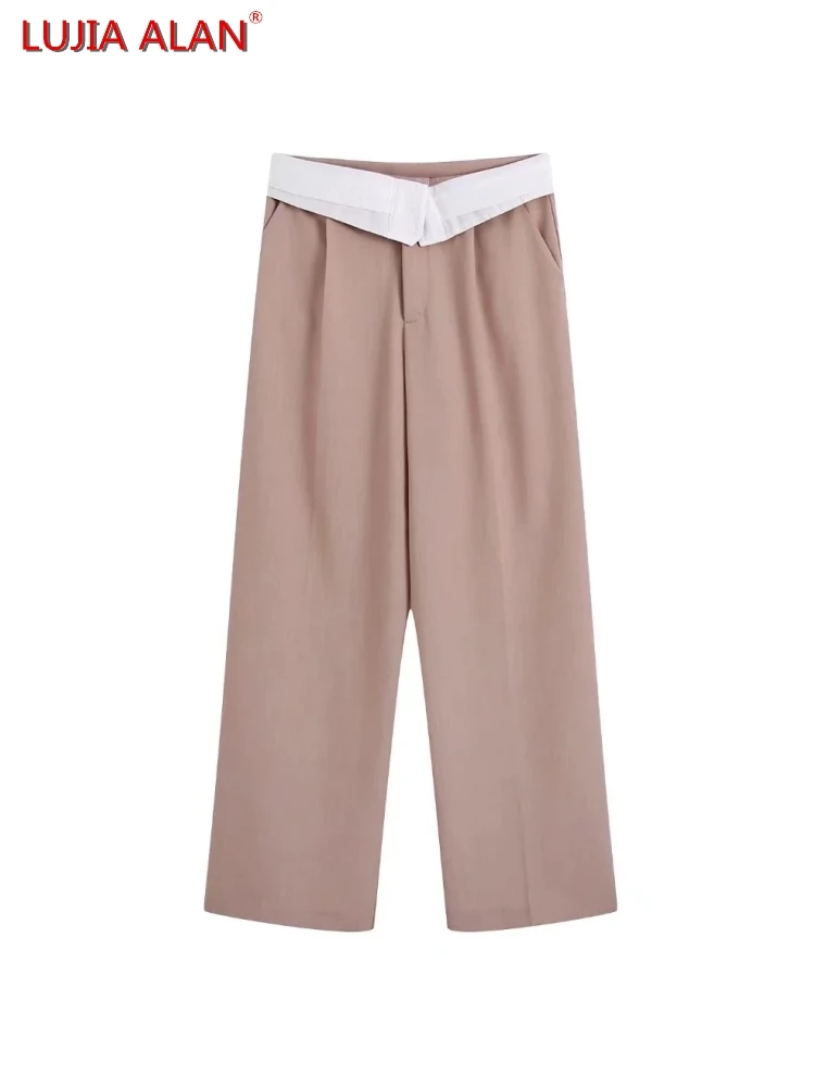 Women Neutral Style Chic Design Wide Leg Pants Summer Lady High Waist Loose Trousers LUJIA ALAN P2655 nike sweatpants