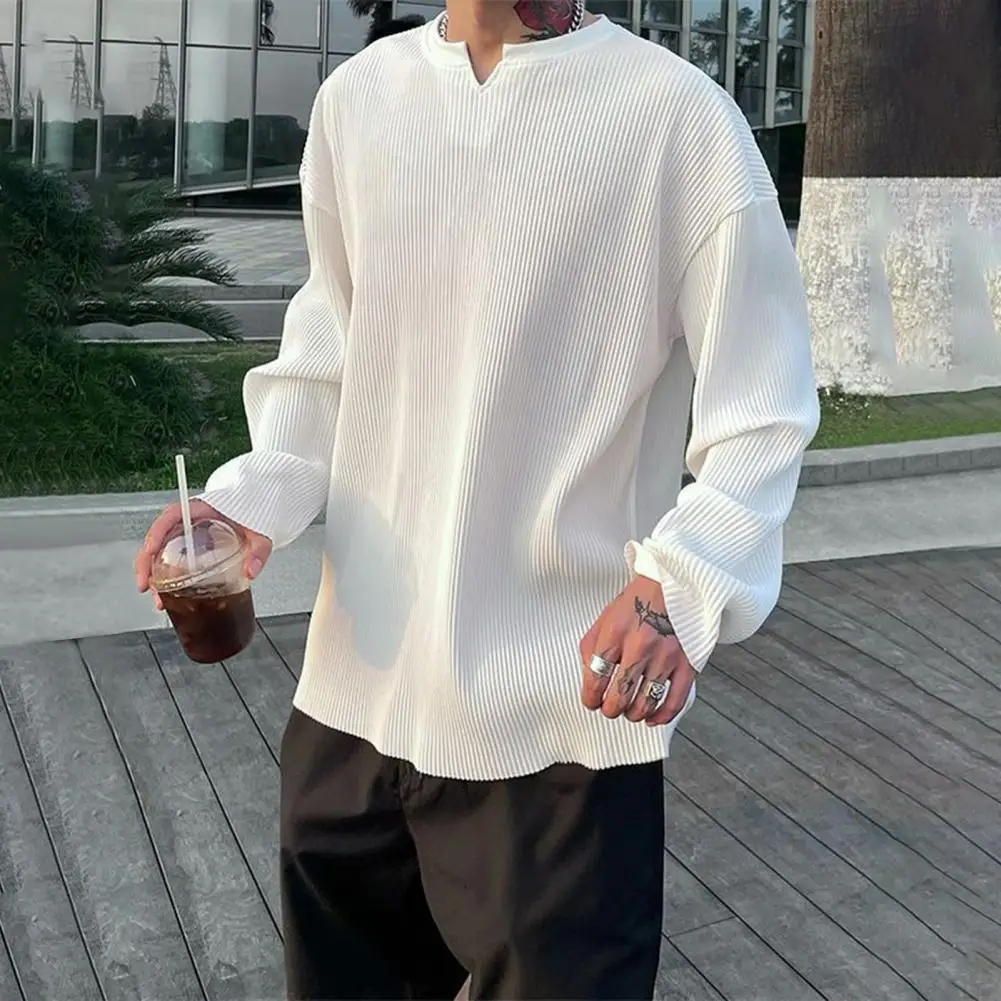 

Men Spring Autumn Solid Color T-shirt V-neck Long Sleeve Ribbed Stripes Pullover Tops Loose Fit Bottomed Shirt Streetwear