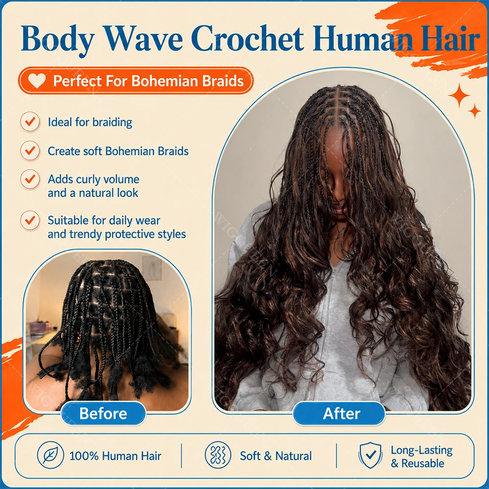 Body Wave Crochet Hair Extensions Braiding 100% Human Hair PreSeparated Knotless #4 Chocolate Brown Feather Crochet Bundles Hair 6