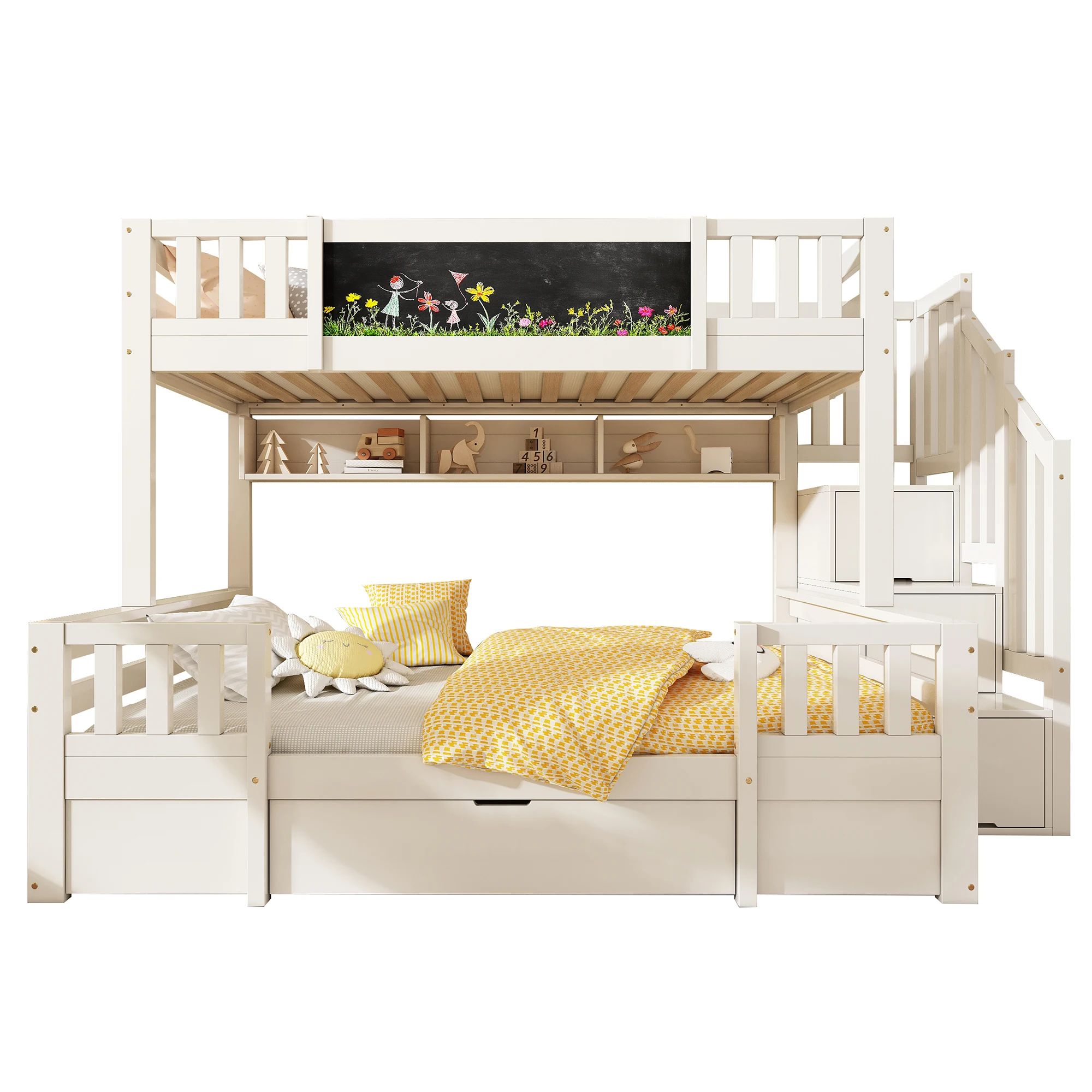 Etagenbett für 3 Kinder, Größen 90x200 & 140x200, Massivholz mit Tafel, Stauraumtreppe, Schubladen und Loft-Design. – Detail 8