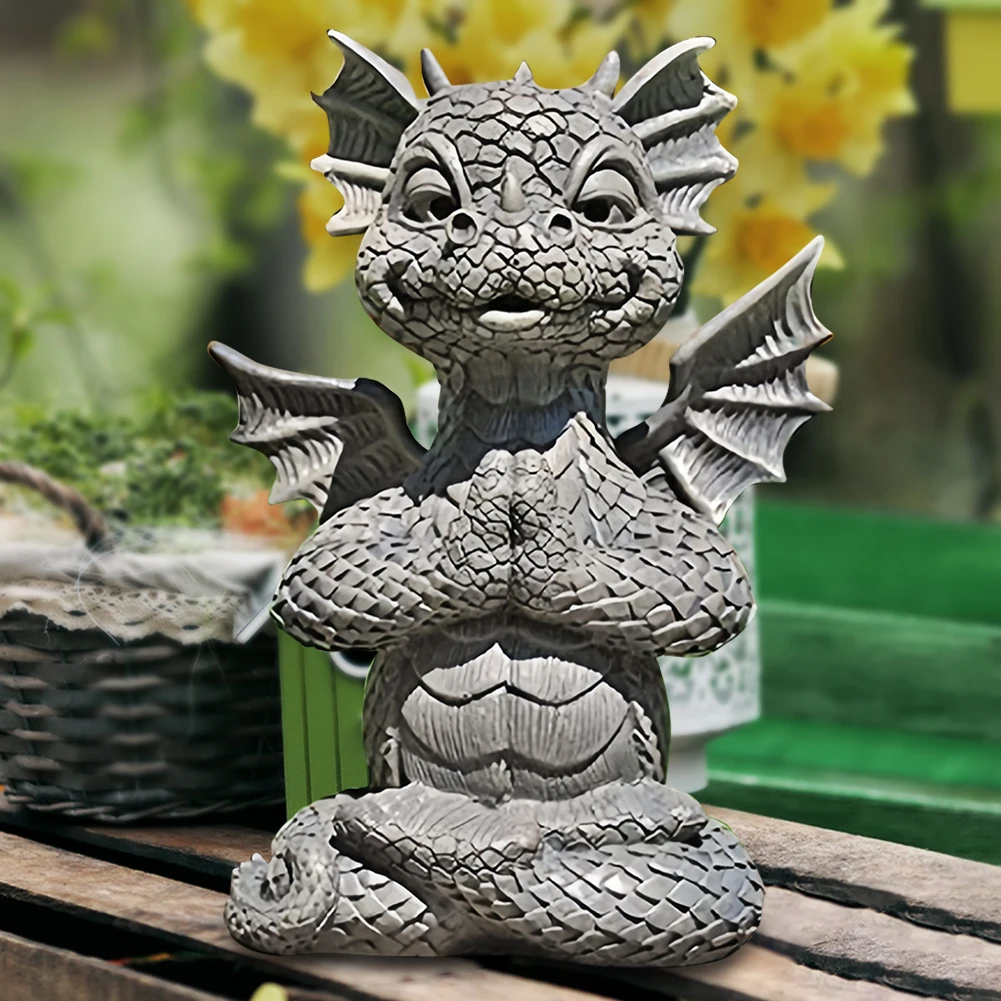 Garden Dragon Statue Happy Dinosaur Cheering You Resin Figurine Outdoor Spring Decorations Meditation Dragon Figurine with Lamp