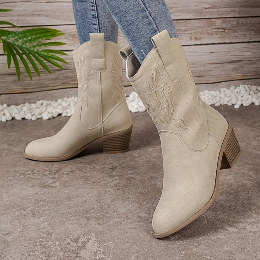 Spring Fall Western Cowboy Boots Fashion Women's Boots 2024 Women's Mid Calf Low Heel Vintage Women's Boots English Style Casual