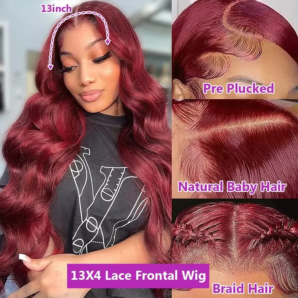 250%Density Body Wave 99j Burgundy Red Wig Human Hair 13x4 13x6 HD Lace Frontal Wig Human Hair Pre Plucked Remy Real Human Hair 4