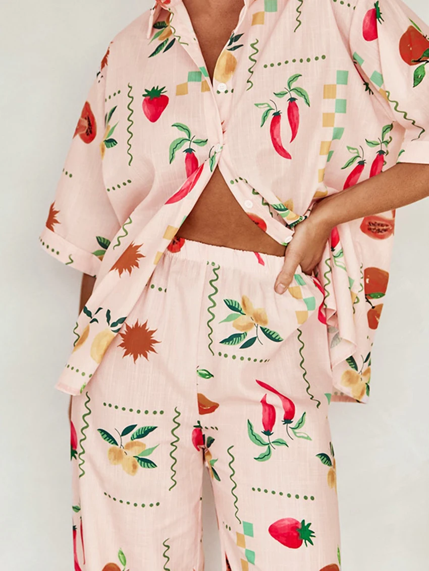 Mathaiqiqi Casual Ladies Nightwear Set Half Sleeve Nightie Turn-Down Collar Sleepwear Wide Leg Pants Printing Femme Pajamas Suit