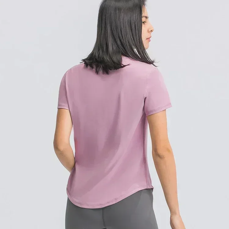 Lemon Women Loose Yoga Short Sleeve Breathable Running Sports Top Curved Hem Casual Shirt Elastic Speed Dry Fitness Clothing