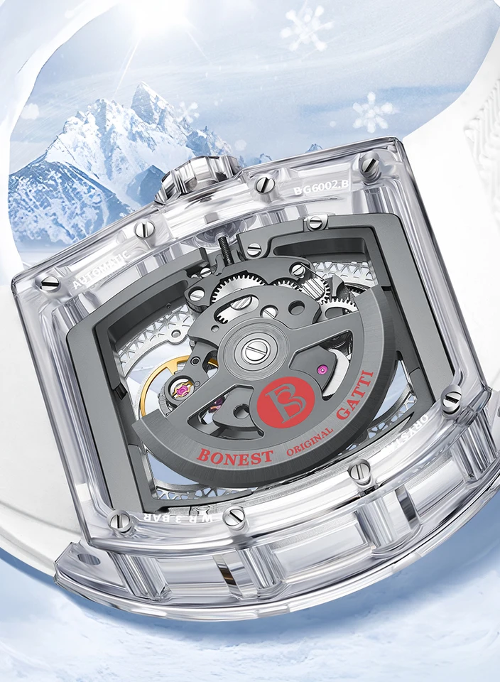 BONEST GATTI Men Automatic Watch Tonneau Mechanical Wristwatch 