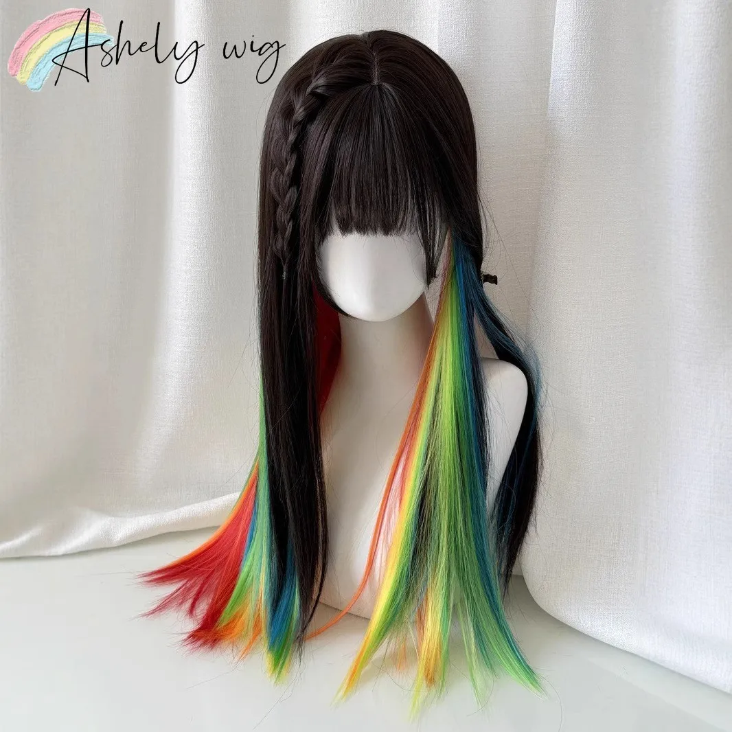 Ashely Colorful Wigs with Bangs 24inch Y2K Lolita Nature High Temperature Fibers Headband Synthetic Wigs for Cosplay Daily Use