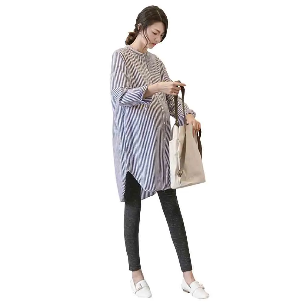 봄 신상 한국 스타일 임산부 셔츠 드레스 스트라이프 긴팔 스탠드 칼라 코튼 드레스 임산부를 위한 편안한 드레스