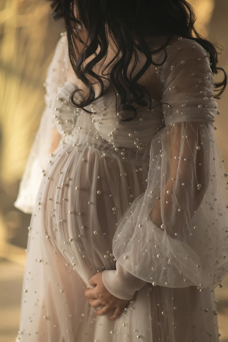 18049#luxurious perla tyl těhotenské šaty pro photoshoot svatební cizozemský otevřený přední odnímatelné rukávy těhotná ženy šaty