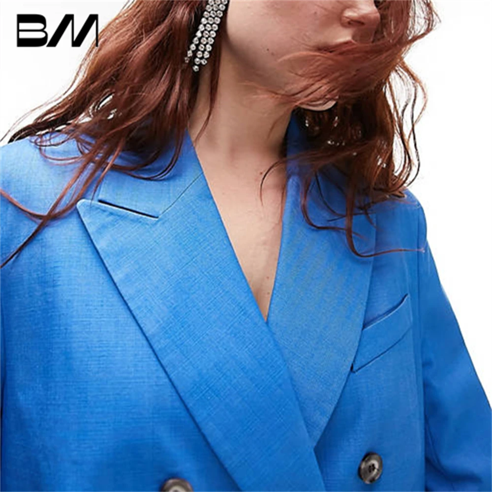 Double Breasted Plus Size Women Autumn Pantsuit Long Classic Royal Blue Fashion Suit Set Stylish Outfit For Women