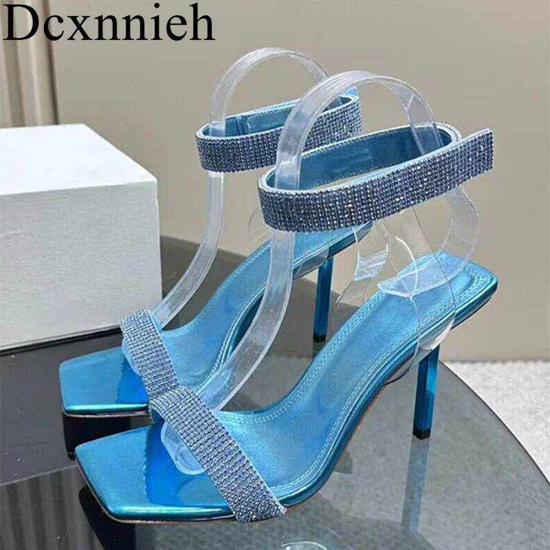 

New Square Toe One Strap Sandals Women Open Toe Thin Heel Sandalias Shiny Rhinestone Decor Slippers Summer Party Dress Pumps
