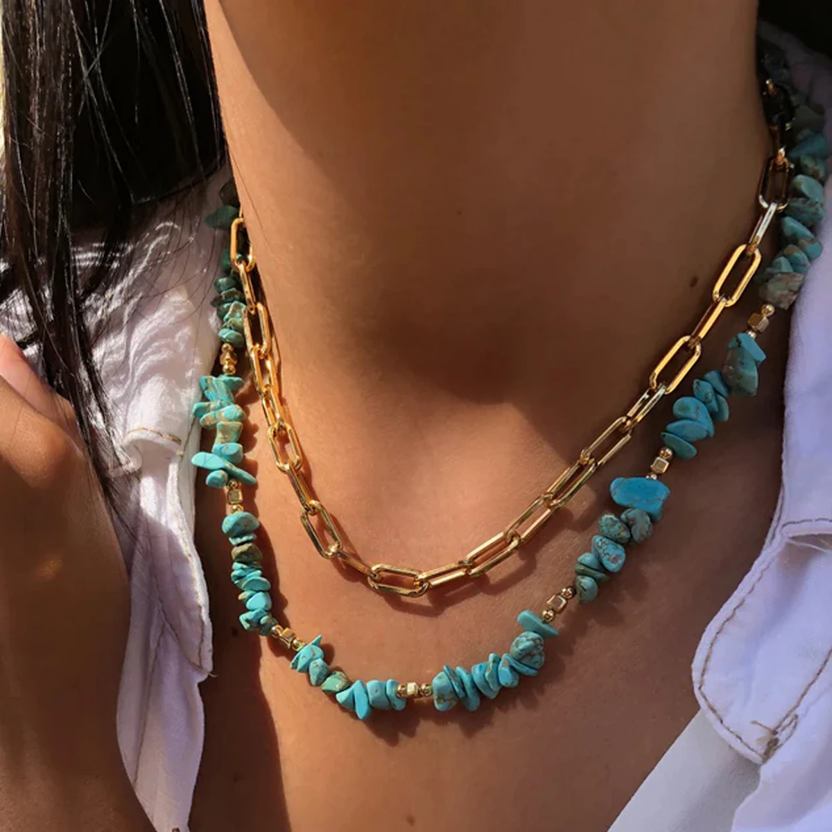 Fashion Natural Stone Chain Layered Necklace Bracelet for Women Bohemia Summer Beach Simple Turquoise Layered Jewelry Sets Gifts