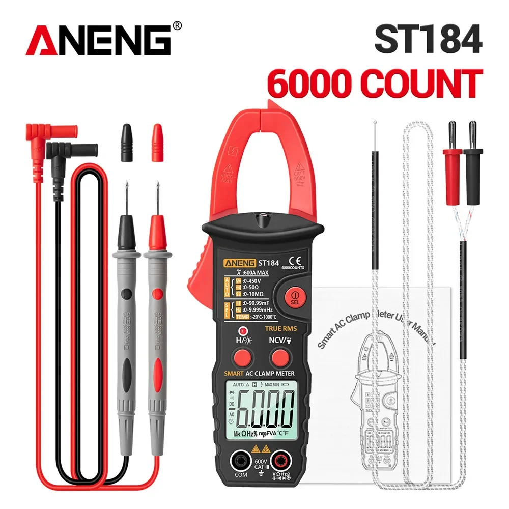 Digital Multimeter ANENG Clamp Meter Multimeter Digital AC/DC Voltage Current Tester Hz Capacitance Ohm Temperature True RMS 6000 Counts Test ST184