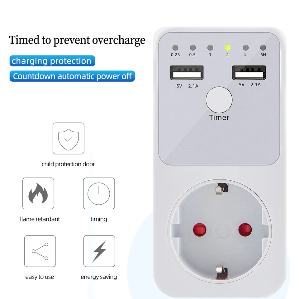Digitale elektrische timer, EU-stekker, ABS-stekkerschakelaar met countdown- timer, 1-10 uur instelbaar, 220 V, 6 programmatypes