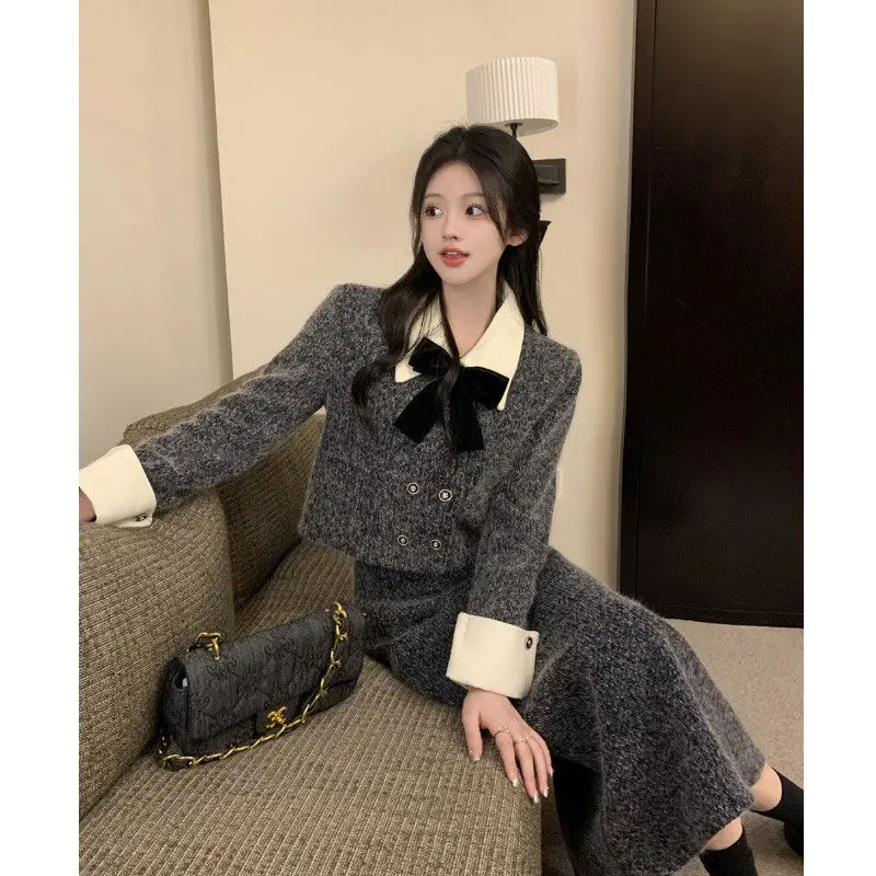 

High-end Elegant Women's Woolen Suit Jacket Skirt 2023 Autumn and Winter Office Lady Sweet Bow Coat Top Long Skirt Two-Piece Set
