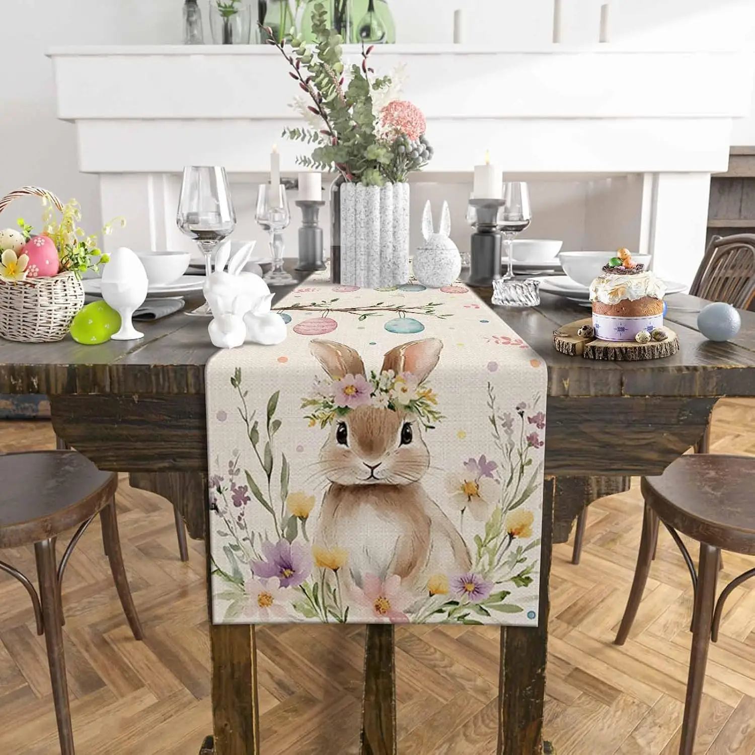 Spring Easter Bunny Eggs Flowers Linen Table Runner Holiday Party Decor Rustic Floral Botanical Table Runners Easter Decorations 2